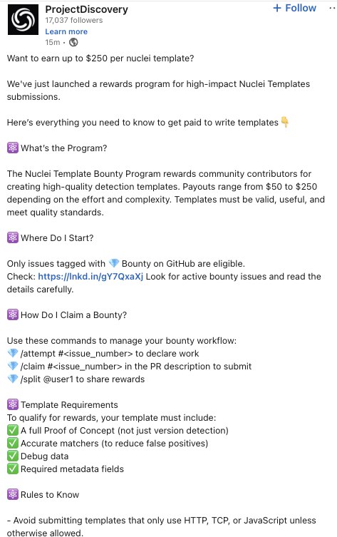 A Project discovery está pagando pelas submissões de templates
