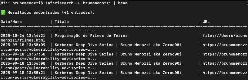 Usa mac e quer ter acesso facil pelo terminal para extrair as urls que tu acessou no safari, filtrando elas por palavras? Fiz um script pra isso, pra me ajudar em um caso que eu queria pegar todas urls facilmente em bugbounty. Tambem pode filtrar por titulos e tal