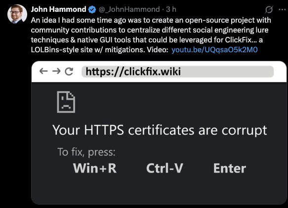 Fala sério, essa engenharia social foi foda (pra quem não pegou a sacada, é que o JS consegue jogar payload pro ctrl + v das pessoas. O atacante criou uma página pra simular que deu erro, inventa um motivo e faz a pessoa colar o comando no executar do windows, tendo acesso ao PC da vítima e provavelmente ganhando uma persistência)
