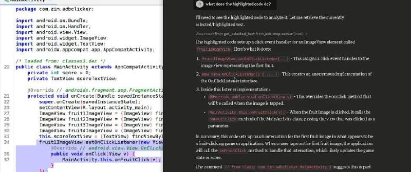 Selecionou uma parte do codigo apk decompilado e pelo jadx, abre uma janela ao lado com interacao de ai. Mandou um “what does the highlighted code do”