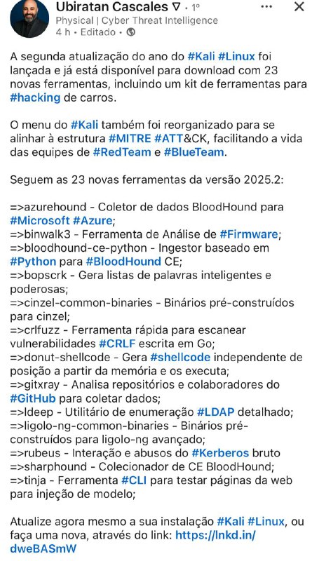Não uso como s.o principal, mas pra quem curte 🤪🤷🏼‍♂️Kali lançou nova versãoLink para o post original no linkedin: 