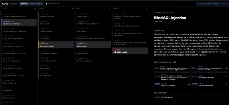 Resolvi criar um sistema vibecoded que integra visualmente os frameworks:* MITRE* CAPEC* CWE* ATT&CK. Ele conecta padrões de ataque teóricos a falhas de software e táticas operacionais, enriquecendo-os com casos reais de vulnerabilidades (CVEs) para uma visão holística de ameaças. 