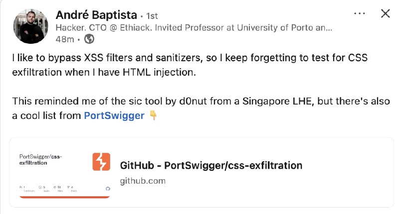 Muitas vezes focamos só em XSS, mas o CSS exfiltration pode ser uma forma sutil de vazar dados sensíveis como tokens CSRF ou informações de formulários, especialmente quando as políticas de segurança de conteúdo (CSP) não estão configuradas para restringir fontes de estilo ou conexões externas de forma rigorosa.
