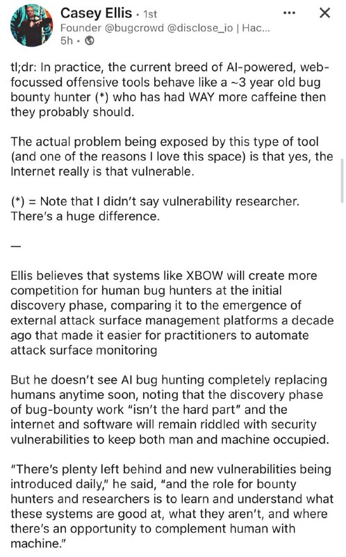 Pensamento do fundador da bugcrowd.com sobre a automação em bugbounty com o software Xbow: