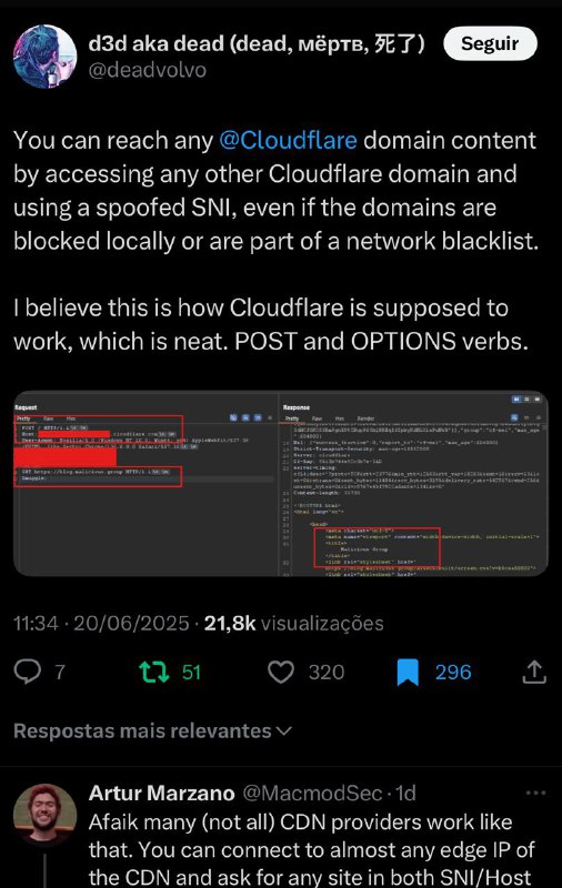 Vi esse tweet hoje e a comunidade descreveu esse comportamento como domain fronting.Achei fera porque já peguei esse comportamento esses tempos em bugbounty e não entendia muito bem por que ele ocorrida, achei que era algum load balancer envolvido.Procurando pelo termo domain fronting cai em uma apresentação na defcon muito interessante: