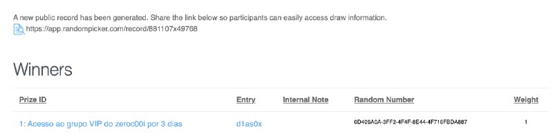 Parabéns d1as0x, vou falar contigo e te adicionar no grupo VIP aqui!Segue o link do sorteio p quem interessar ver a integridade: 