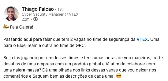 Vaga GRC e Blue TeamVTEX é uma empresa bem renomada, dêem valor