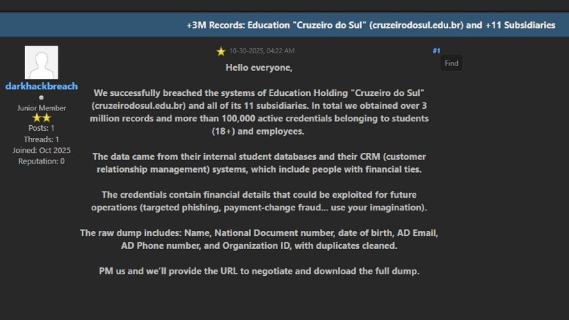 Um dos maiores grupos educacionais do país, a Cruzeiro do Sul, pode ter sofrido um megavazamento de dados. Cibercriminosos afirmam ter roubado 3 milhões de registros, incluindo 100 mil credenciais ativas de alunos e funcionários. Os dados expostos incluem nomes, CPFs, e-mails, telefones e carteirinhas