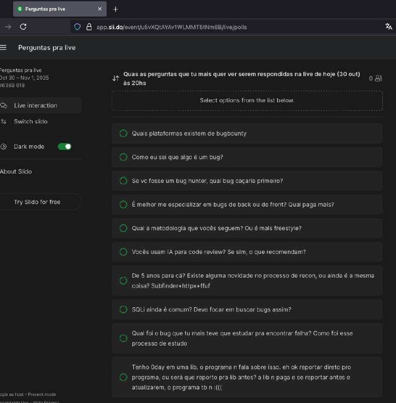SELECIONA as perguntas que tu mais quer ver serem RESPONDIDAS na live hoje!