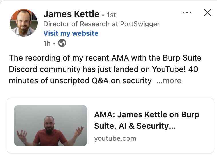 Se você é da área, provavelmente conhece o James Kettle.Não? Tá bem, você não tem a obrigação mesmo de saber. Alguns feitos dele:1 - HTTP Request Smuggling: Revitalizou a técnica, expondo seu vasto impacto moderno.2 - Web Cache Poisoning: Criou métodos avançados para envenenar caches em larga escala.3- Server-Side Template Injection (SSTI): Pioneiro na exploração, demonstrando seu risco de RCE (Execução Remota de Código).4 - Criador do Turbo intruder e Diretor de pesquisa da 