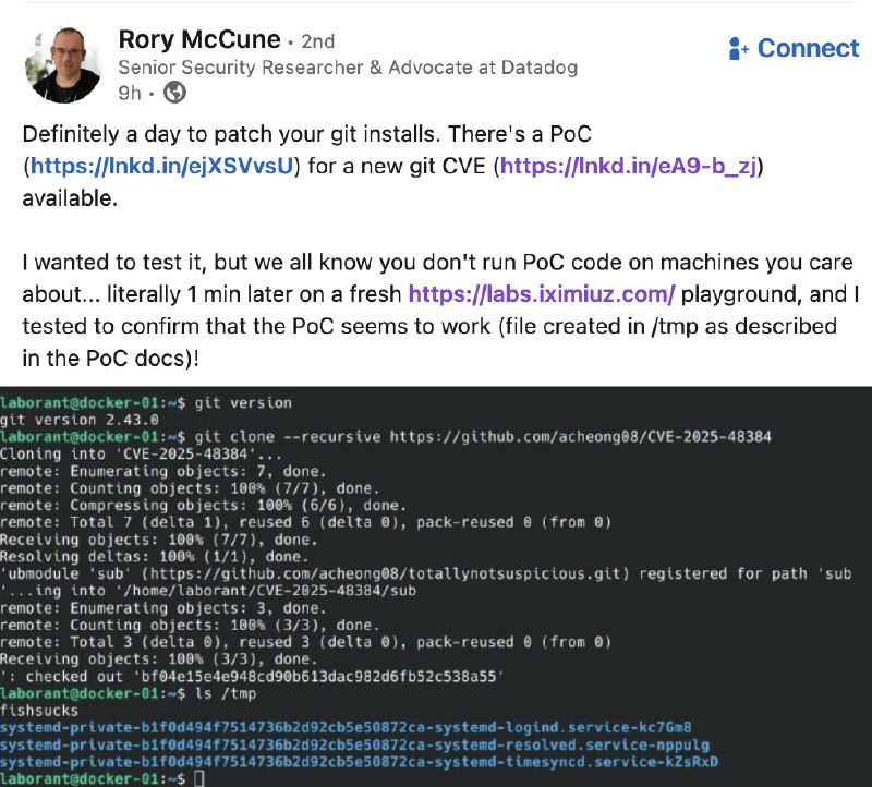 Ah não kkkCVE-2025-48384Um git clone recursivo trigga um RCE na tua máquina kkk caraca veyÉ um Arbitrary File Upload por causa de um Carriage Return ao final do arquivo .gitmodulesAi o cara disse que isso realmente pode provocar um RCE por que:The most straightforward way to exploit this is to use it to write inside the .git directory and create a hook script, leading to attacker controlled code execution when the hook is run by GitContexto ++: 