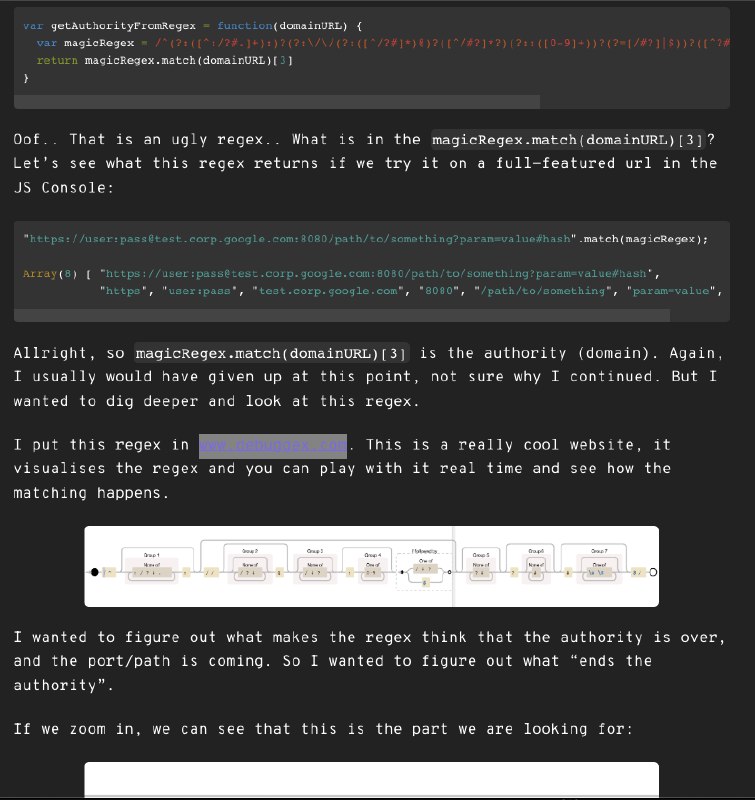 A parte que ele começa a dissecar as mitigações impostas pela regex e começa a fazer uma pesquisa sobre um caractere que a regex vai detectar como 