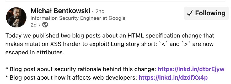 Sabe aquele payload clássico de mXSS, especialmente o que usava a tag <noscript> e acrescia um </noscript><img src=x onerror=alert(1)> direto no valor de um atributo, tipo alt? 