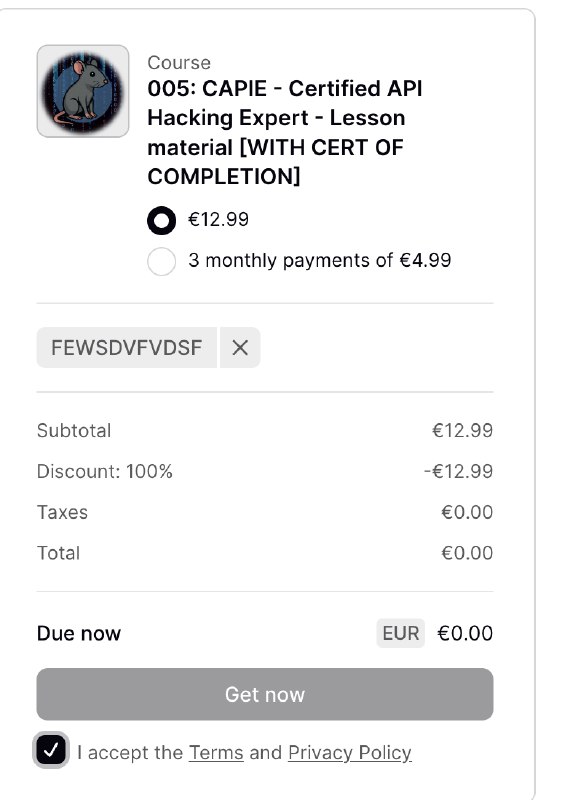 Curso de API hacking Free do XSSRATEu tinha um pé atrás com os conteúdos do XSSRAT por algum motivo, mas paguei pra ver e coloquei o cupom gratuito que tá rolando sobre essas vídeo aulas de API dele e a ementa parece ser muito boa. São 115 lições.Já reservei o meu pra quando tiver tempo porque quero estudar mais sobre misconfigurations em Oauth.Cupom: FEWSDVFVDSFLink: 