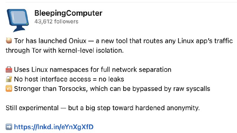 Oniux vs. ProxychainsProxychains:Redireciona tráfego via proxy (ex: Tor) usando LD_PRELOAD para interceptar chamadas de rede.Limitações:- Não funciona com binários estáticos ou apps que usam syscalls diretas (ex: Zig).- Risco de vazamentos se o app contornar libc.Oniux:- Isolamento kernel-enforced: apps maliciosos/não confiáveis não podem vazar, mesmo com syscalls brutas.- Compatível com qualquer aplicativo (GUI, shells, etc.).Instalação: cargo install --git 