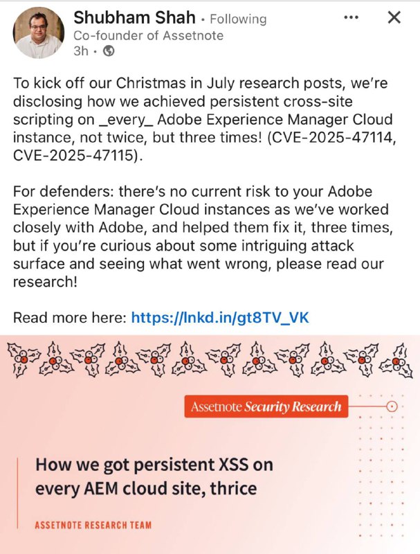 Tirem 30 minutos do dia para ler essa pesquisa e como acharam 3 CVEs na adobe (AEM).O massa é a linha de raciocínio usada a cada novo obstáculo. A paciência de ler documentações. A descoberta de como tecnologias terceiras funcionam naquela integração. As correções não efetivas aplicadas pelo time. Sempre que tiver um regex, abra mais ainda os olhosBoa leitura 🎅
