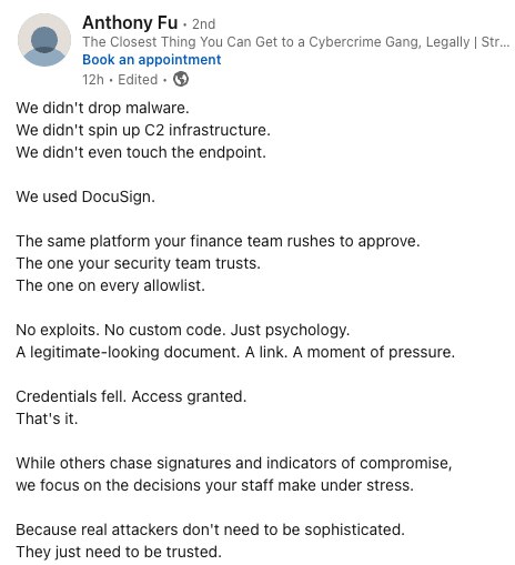 Foco nessa parte: Because real attackers don't need to be sophisticated.They just need to be trusted.Ótimo ponto. Sem ataques sofisticados, comprovou o impacto.Ainda vou fazer um artigo ou post mais completo com esse paradigma e compartilho aqui com vocês: Qual o limite da engenharia social ser só 