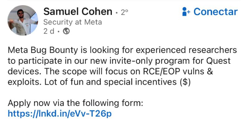 Manja de hardware hacking?A meta está convidando pro programa de bugbounty deles através de um formulário pra testar o Meta Quest, dispositivo de realidade virtual