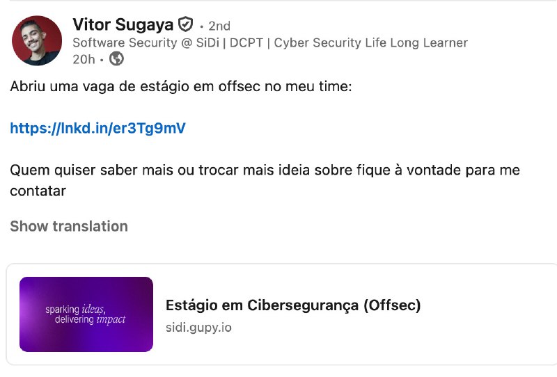 Estágio em vaga de offsec Oportunidade para Campinas/SP em regime de estágio Presencial.