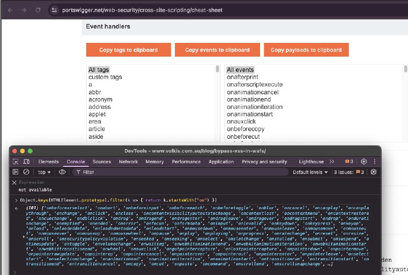 Part 1/3Tópico: bypass de XSSEu tava dando uma comparada aqui de curiosidade entre os listeners disponibilizados pela Portswigger, página muito usada pra construção de bypass pra waf (aqueles cenarios quando onerror, onload não são o suficiente por que tem um Akamai vendo qualquer palavra nociva) e reconheci uma parada:Que talvez o mais eficiente seria pegar os listeners que o navegador já possui por default, o que nos daria uma lista mais atualizada, no mínimo.