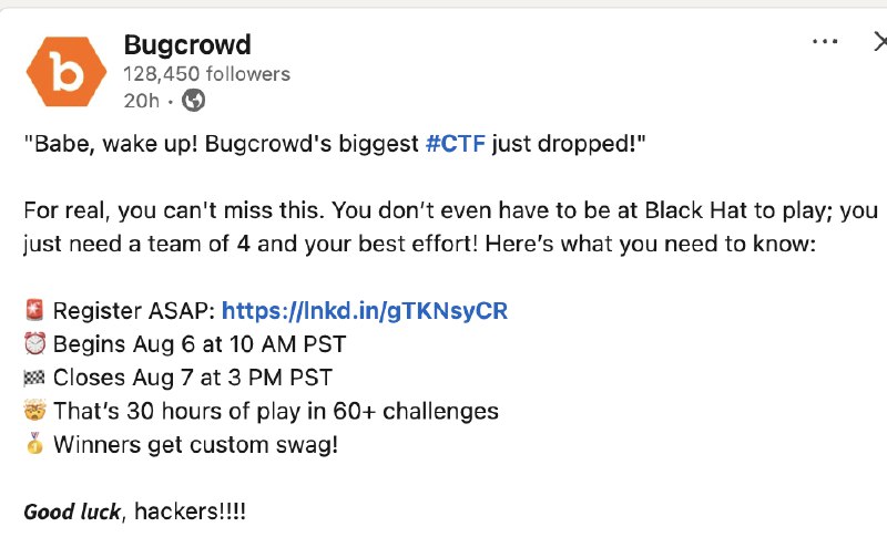 Alguem a fim de montar time pra esse CTF?⏰ Início: 6 de agosto às 14h (horário de Brasília)🏁 Término: 7 de agosto às 19h (horário de Brasília)🚨 Register ASAP: 