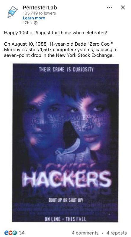 🥹😂🫶🏻 Hoje, 10 de agosto, foi o dia que o Zero Cool crashou 1507 computadores causando uma queda de 7 pontos na bolsa de valores, no filme HackersSerá que o pai do zero cool ficou orgulhoso? (👍🏻/👎🏻)