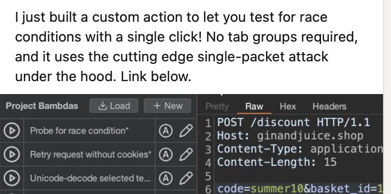 Babdas para facilitar exploração de race condition usando o Burp Suite, recém publicado pelo albinowax, James Kettle, diretor de pesquisa da PortSwigger