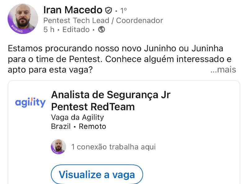 Vaga de pentester JR remotoNão liga pra quantos aplicaram, só faz o teu e tenta po