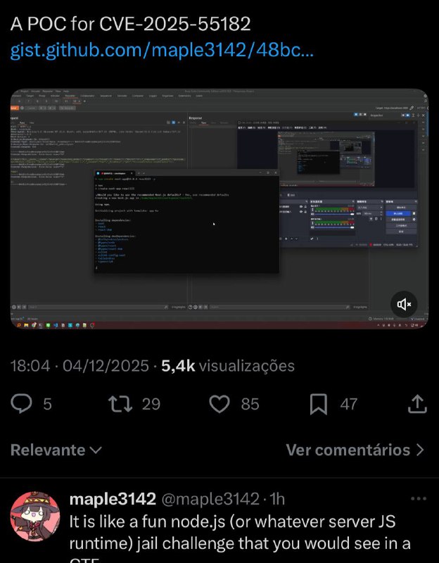 To nem com tempo pra responder os parentes mas vou deixar essa aqui pra vocês darem uma olhadaA pre-authentication remote code execution vulnerability exists in React Server Components versions 19.0.0, 19.1.0, 19.1.1, and 19.2.0