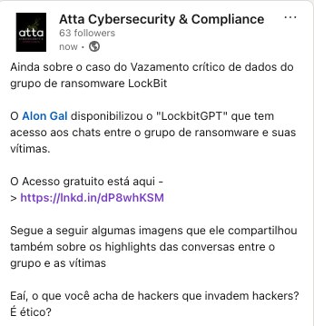 Ainda sobre o caso do Vazamento crítico de dados do grupo de ransomware LockBitO Alon Gal disponibilizou o 