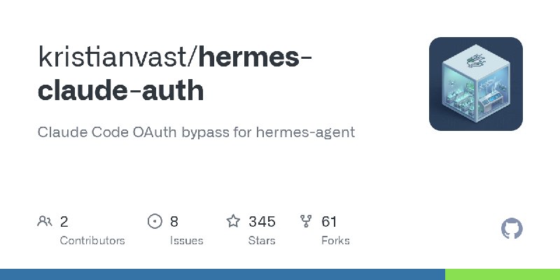 GitHub - kristianvast/hermes-claude-auth: Claude Code OAuth bypass for hermes-agent